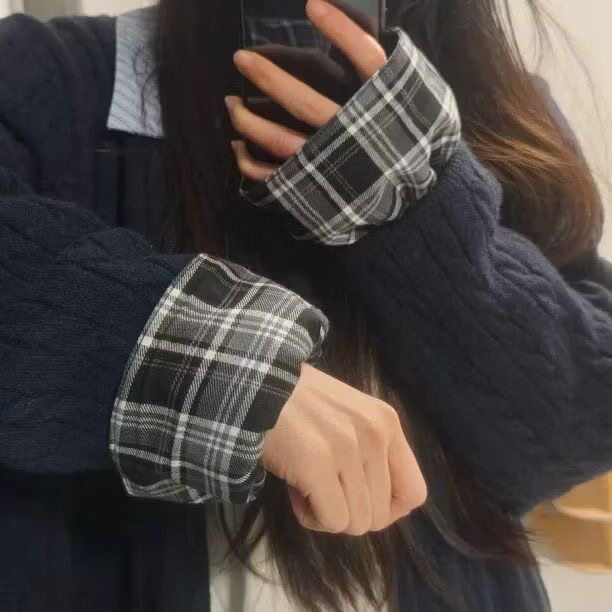 日式格纹袖套女双面防脏神器冬季上班护袖高级感