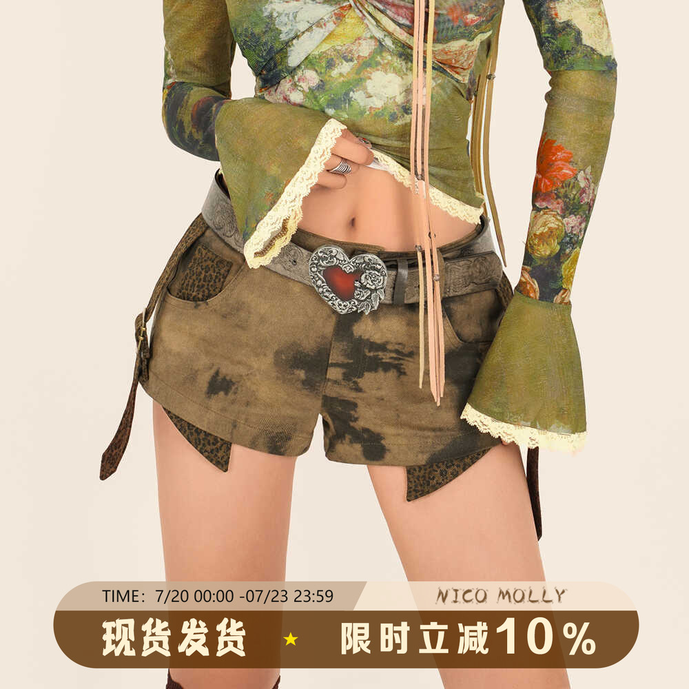 仿古牛仔短裤感豹纹美式复古