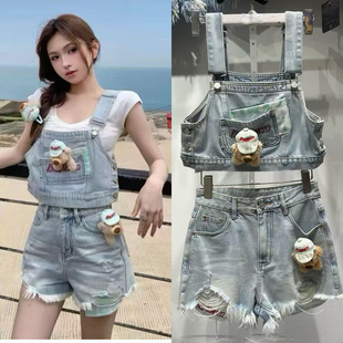 女设计感两穿破洞毛边热裤 可爱风短款 牛仔背带搭配可拆卸小熊短裤