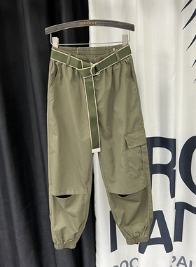 欧货军绿色休闲九分裤女2024夏季新款宽松显瘦破洞束脚薄款工装裤