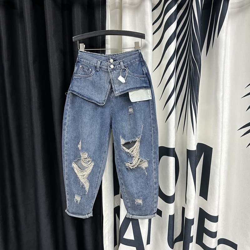 欧货双腰头破洞牛仔裤女2023年夏季新款宽松阔腿垮裤高腰老爹裤子