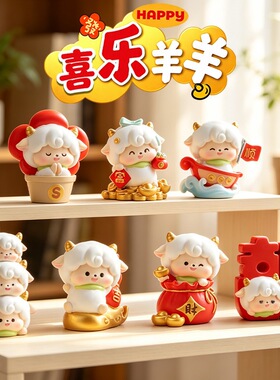 新款喜气洋洋盲盒可爱小羊潮玩手办新年吉祥桌面摆件树脂送人好物