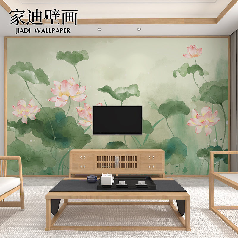 新中式莲花电视背景墙壁画佛系禅意壁纸客厅卧室书房墙纸荷花墙布