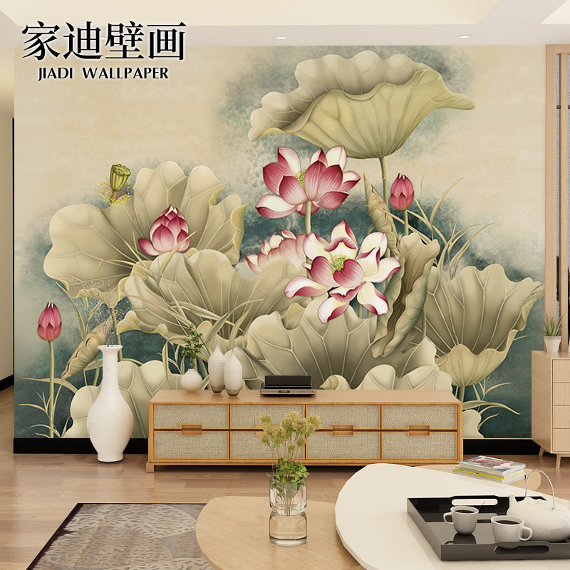 新中式古风荷花电视背景墙壁画客厅沙发卧室书房墙纸壁纸古典墙布