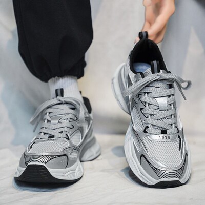 鞋子男2025新款ins潮厚底网面银色老爹鞋男轻便运动鞋休闲跑步鞋