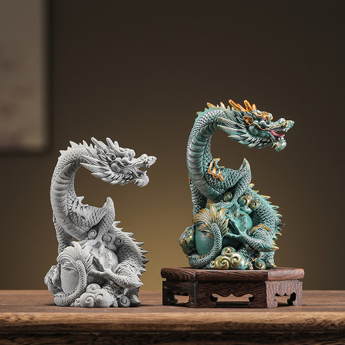 青砂石茶桌摆设瑞兽祥龙盘珠摆件