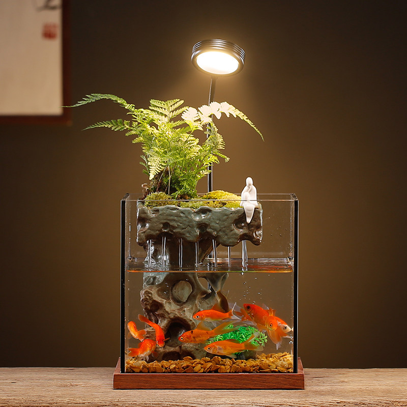 创意循环流水摆件生态玻璃鱼缸生财小型家用招财养鱼缸景观水族箱