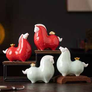 红釉唐马摆件国潮风家居书房桌面一对招财马陶瓷装饰乔迁送礼佳品