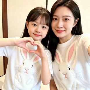 高端不一样的可爱立体小白兔子图案母女款亲子装T恤短袖洋气夏装