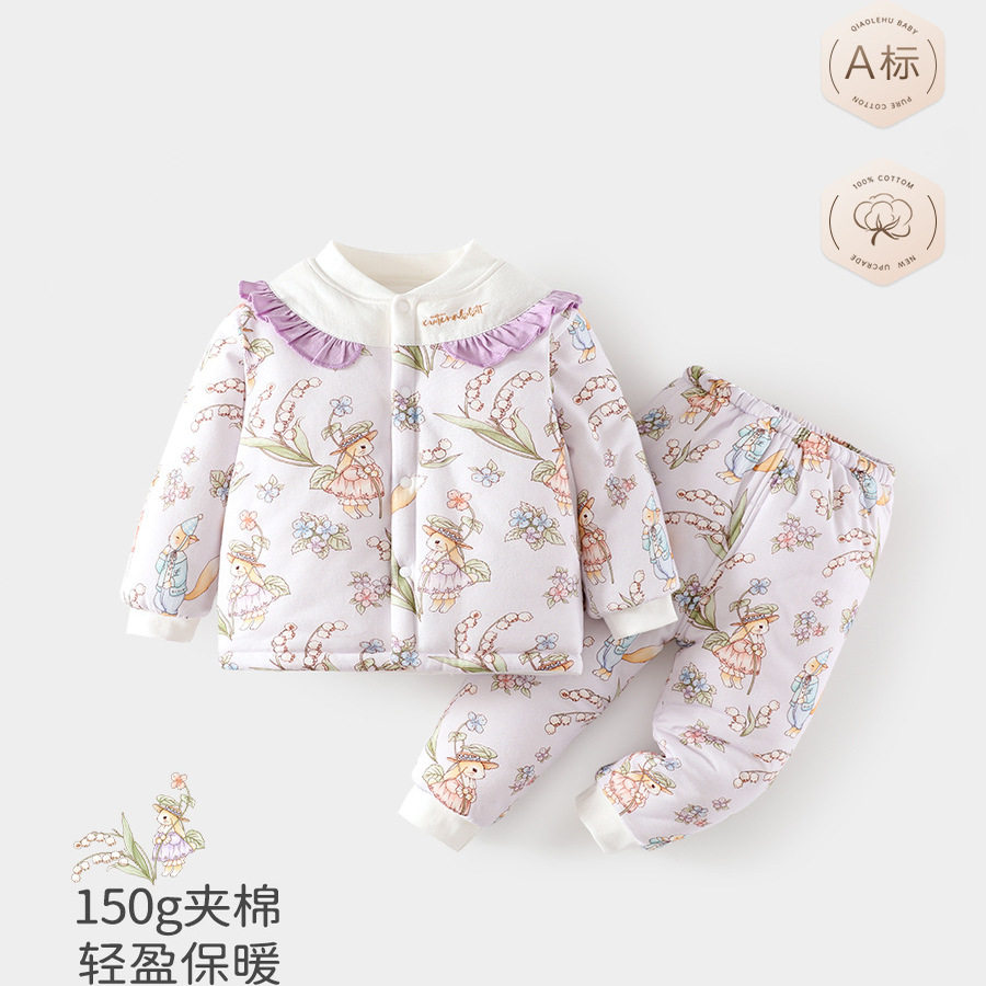 女宝宝冬季夹棉套装1一3岁新生婴幼儿纯棉加厚150g外出衣服两件套