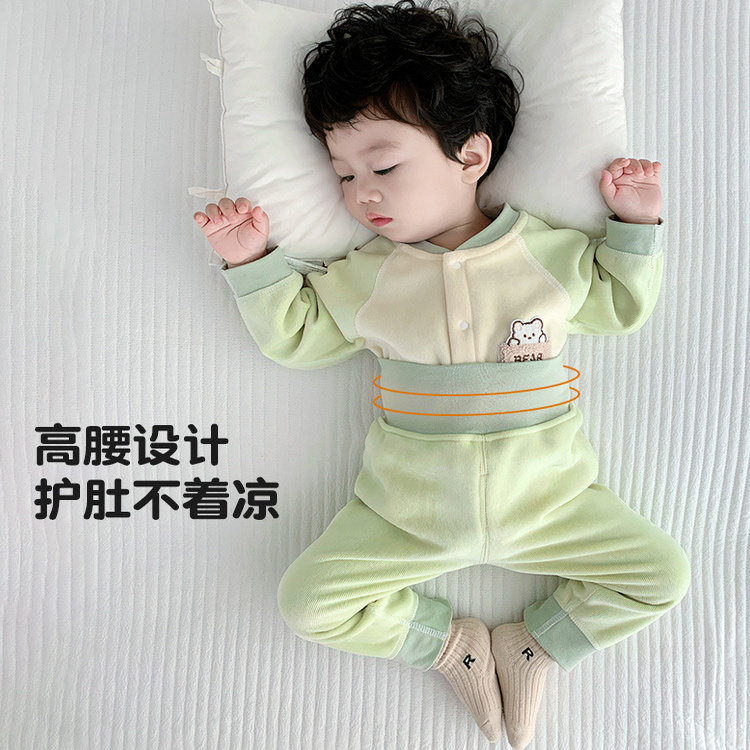 婴儿套装分体保暖衣服加绒开衫高腰护肚冬装宝宝秋冬加厚两件套