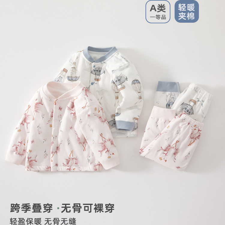 婴儿衣服秋冬保暖款新生宝宝夹棉睡衣初生两件套圆领纯棉分体套装