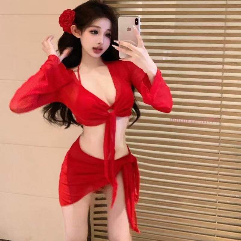 泳衣女款纯欲大红色显白性感辣妹比基尼四件套分体长袖遮肉泡温泉