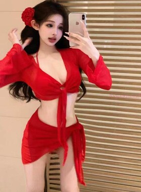 泳衣女款纯欲大红色显白性感辣妹比基尼四件套分体长袖遮肉泡温泉