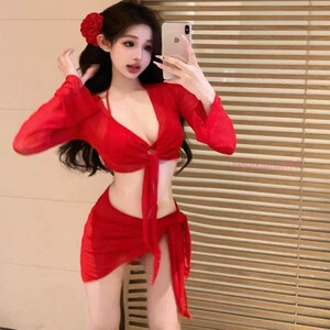 泳衣女款纯欲大红色显白性感辣妹比基尼四件套分体长袖遮肉泡温泉