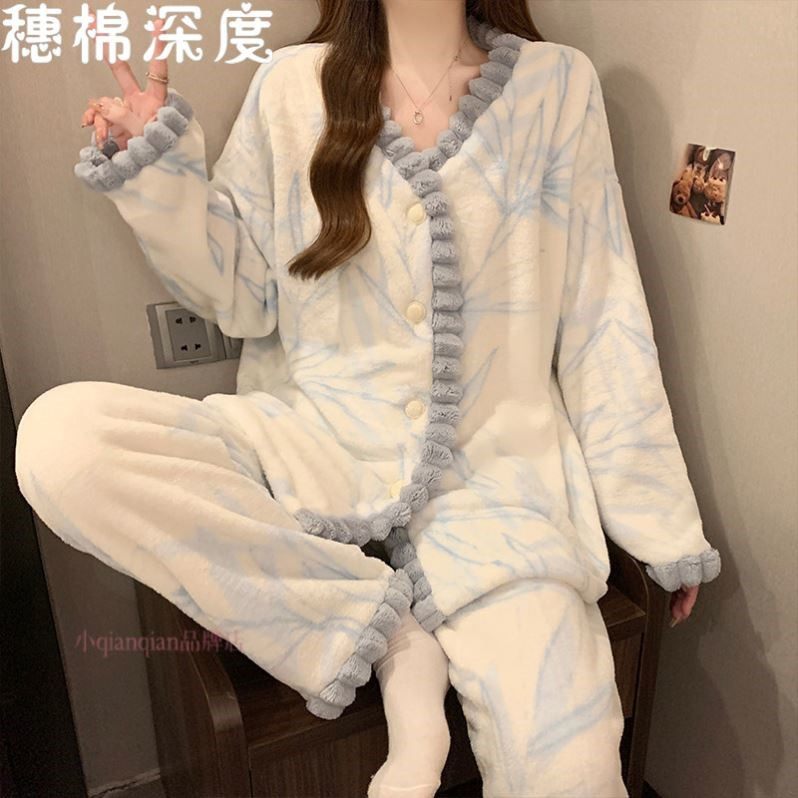 珊瑚绒睡衣秋冬款女加绒加厚蓝叶冬季女士毛绒法兰绒家居服冬天