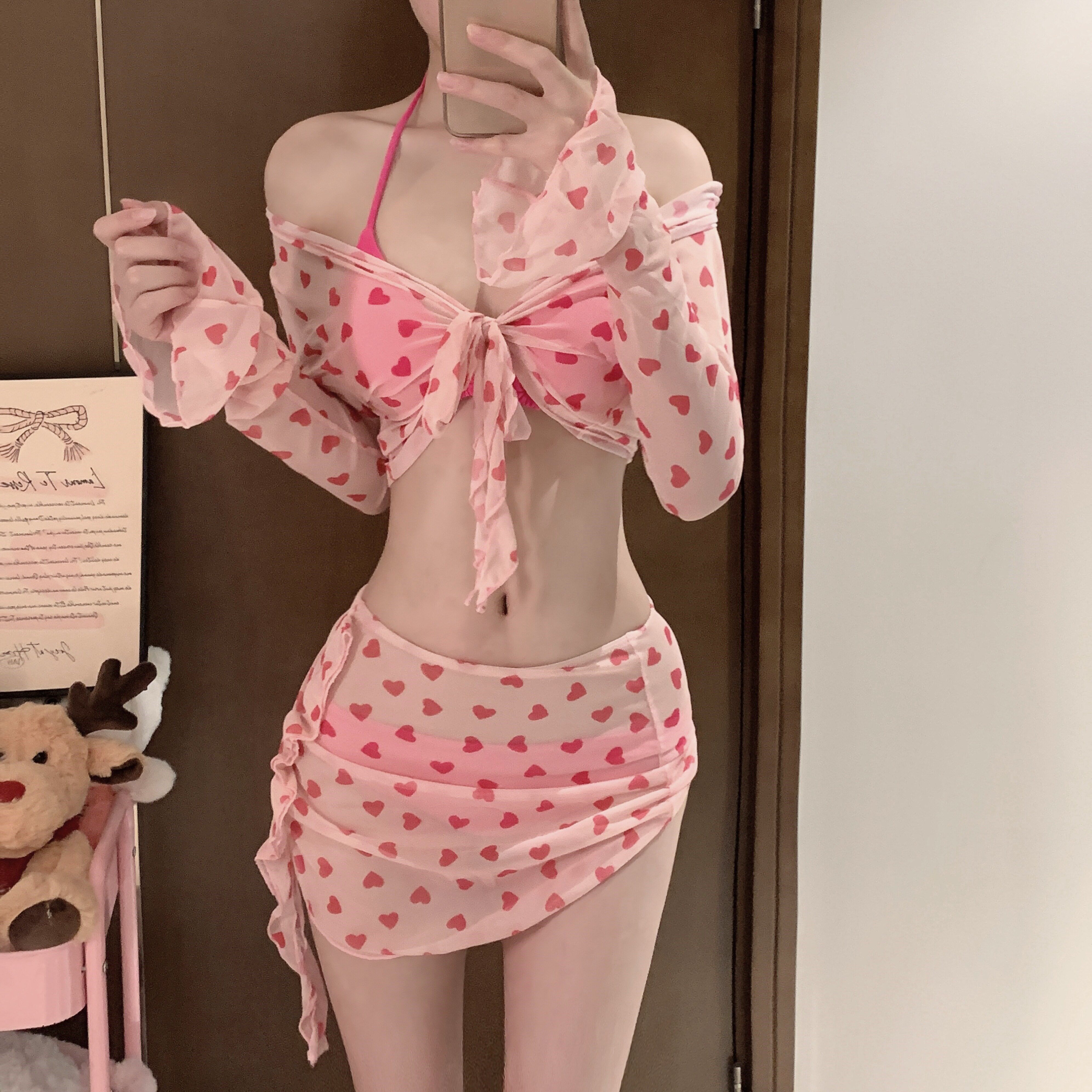 泳衣女2025新款显白少女分体比基尼四件套绑带裙式温泉度假纯欲风