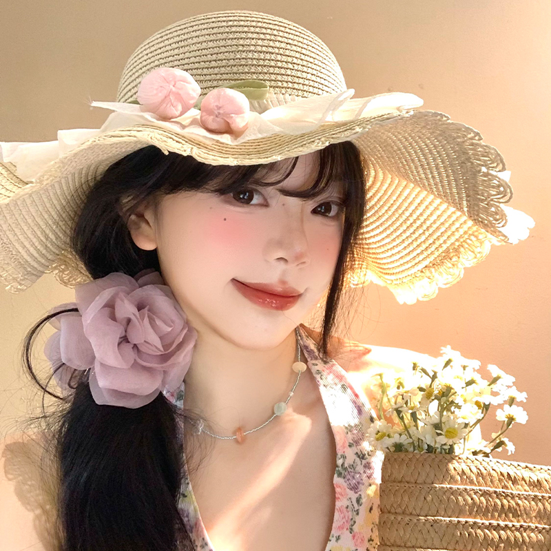 郁金香蕾丝边草帽女夏季海边沙滩度假风遮阳防晒帽大帽檐太阳帽子