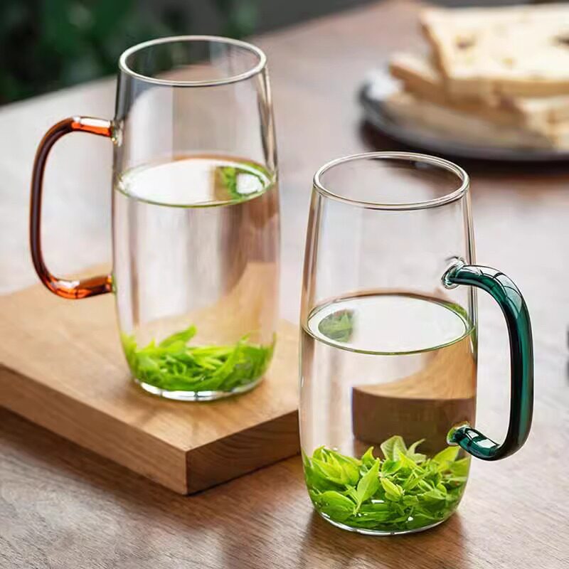 绿茶玻璃杯彩色手柄透明