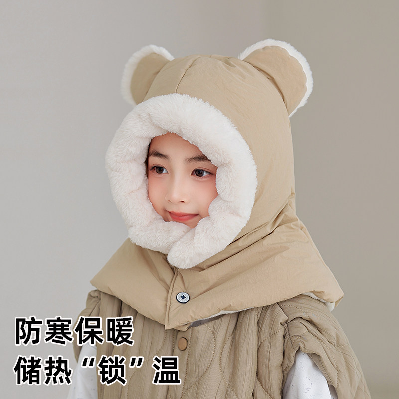 冬季加绒儿童帽子围脖一体帽防风保暖宝宝毛绒帽男童女童防寒护耳