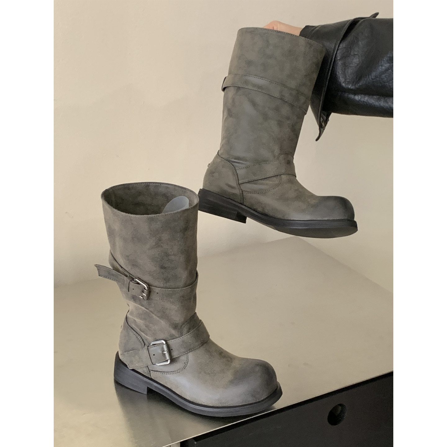 NT3废土风皮带扣高筒骑士靴女