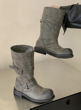 NT3废土风擦色皮带扣骑士靴女高筒机车靴韩国2026小众灰色堆堆靴