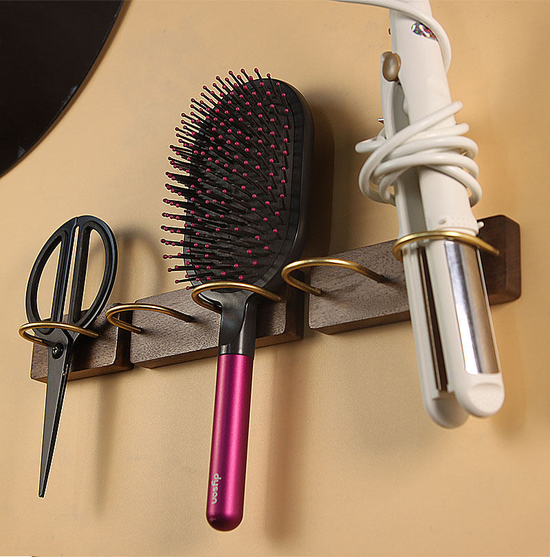 免打孔壁挂实木梳子收纳架胡桃木适用放戴森气垫梳支架浴室置物架