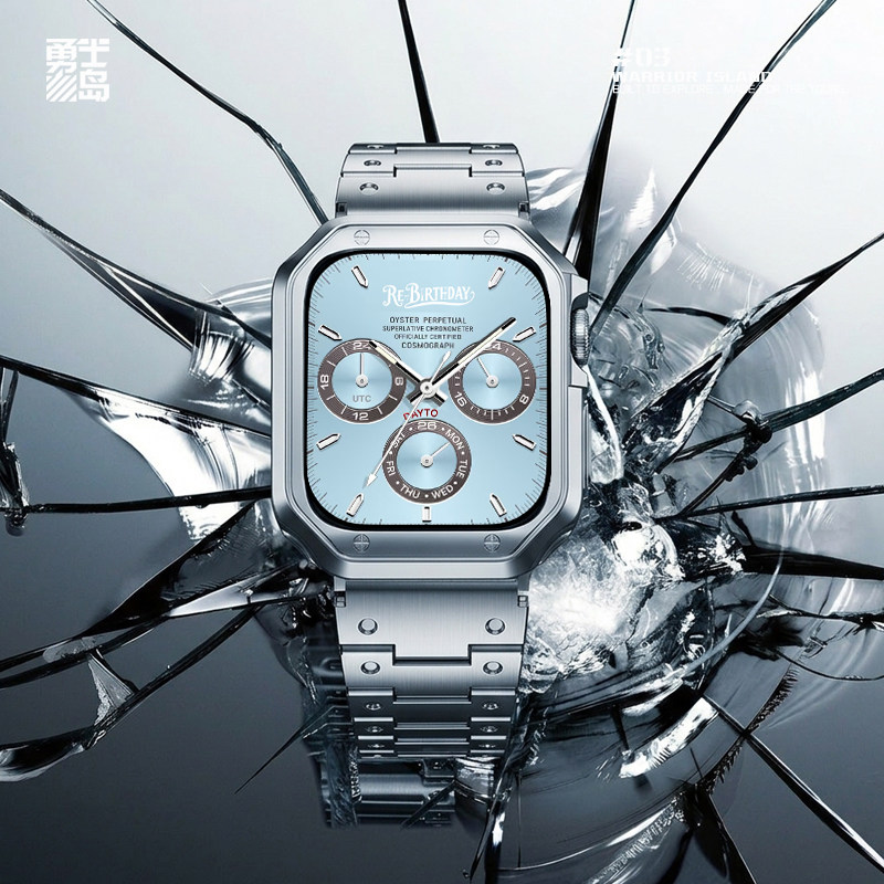 适用苹果手表不锈钢金属复古表带iwatch8910保护壳套改装男女腕带