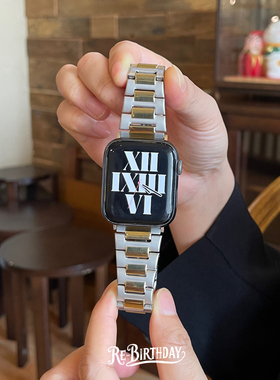 适用applewatch8910轻奢金属表带苹果手表45m老钱风男女腕带ultra