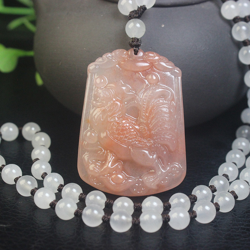 正品桂林鸡血玉贵妃料属鸡十二生肖吊坠项链粉色纯天然玉石带证书