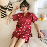 Bộ đồ ngủ kim sa lụa Qiansheng dành cho nữ mùa hè phiên bản mỏng Hàn Quốc của dịch vụ nhà dễ thương giản dị phù hợp với đồ lụa hai mảnh - Giống cái quan ao ngu cho nguoi cao tuoi