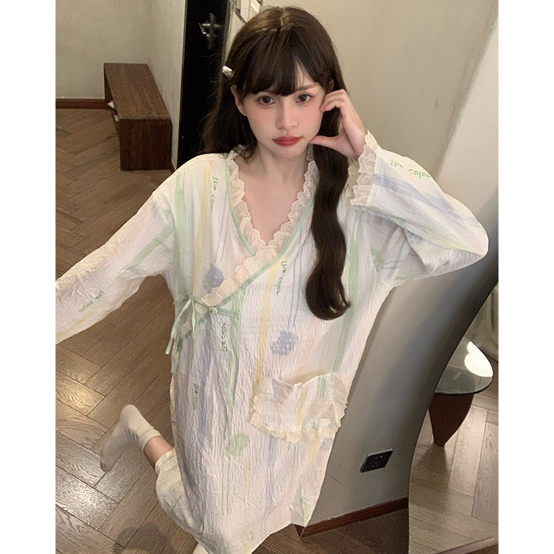 长袖睡衣连衣裙女2026新款浴袍春秋夏季日系甜美花边小个子家居服