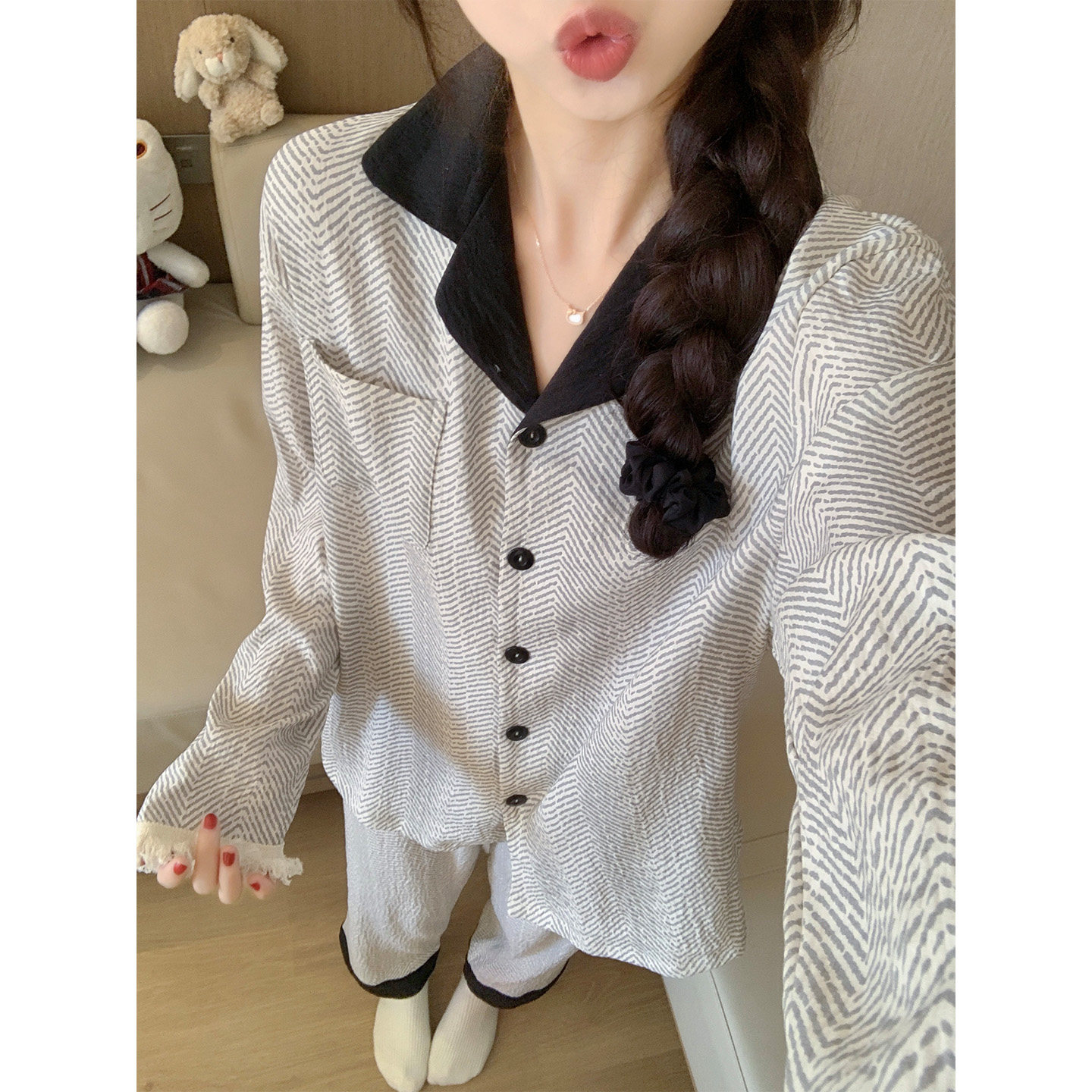 韩版设计感条纹流苏长袖睡衣女士春秋季款云朵棉可外穿家居服套装