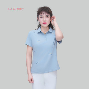 POLO衫 纯棉短袖 t恤女翻领衬衫 上衣 中年女装 夏装 泰格女装 绣花新款