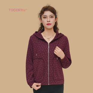 泰格女装秋装新款宽松花色百搭棉质加里衬外套中年大码舒适女装