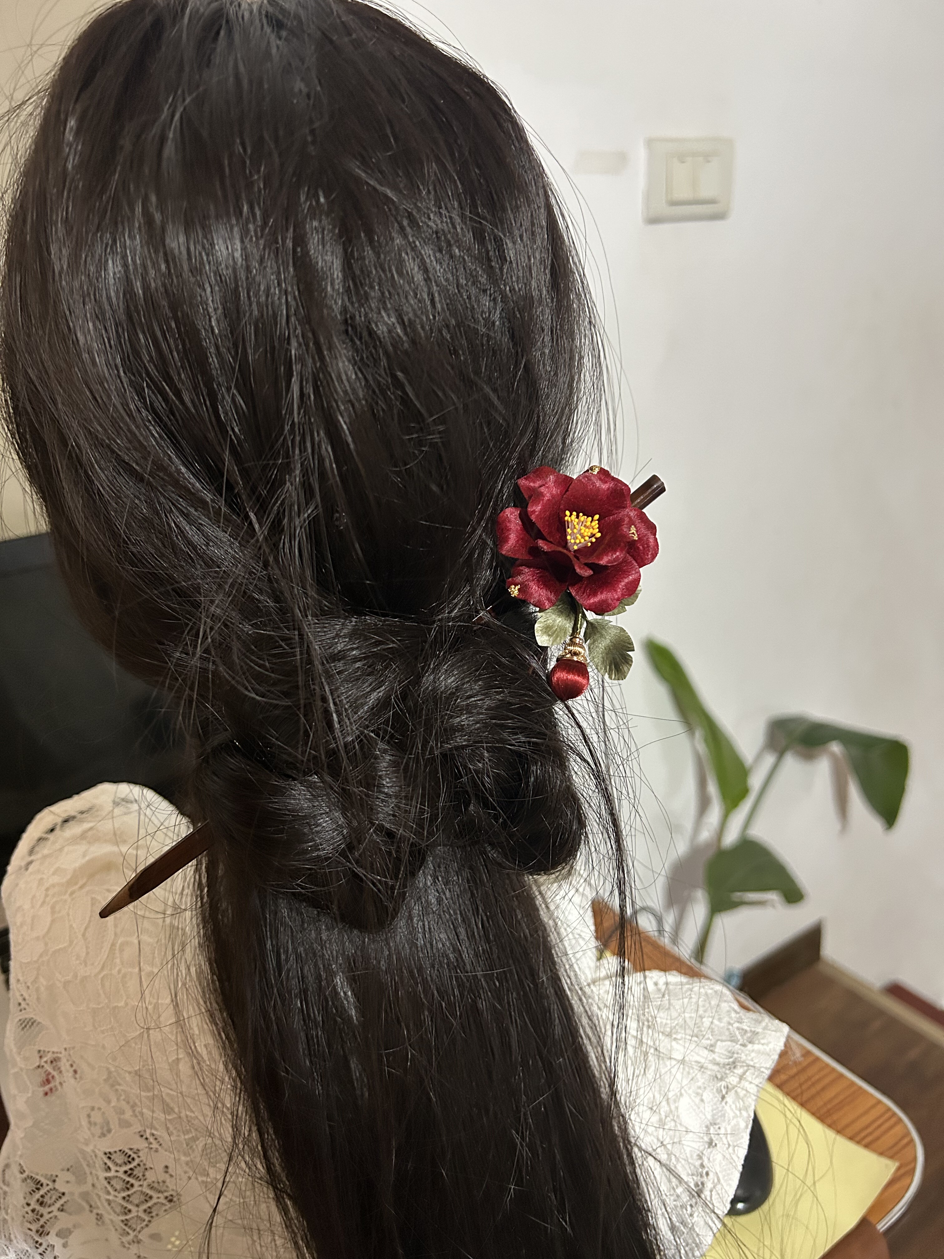 起居录绒花山茶竹簪发簪国风古风新中式头饰马面裙发饰