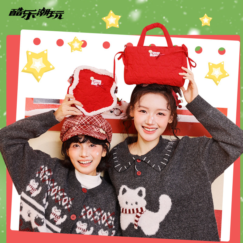 酷乐潮玩甜心莓莓嘭嘭单肩斜挎包新款秋冬圣诞红格纹少女手提包包