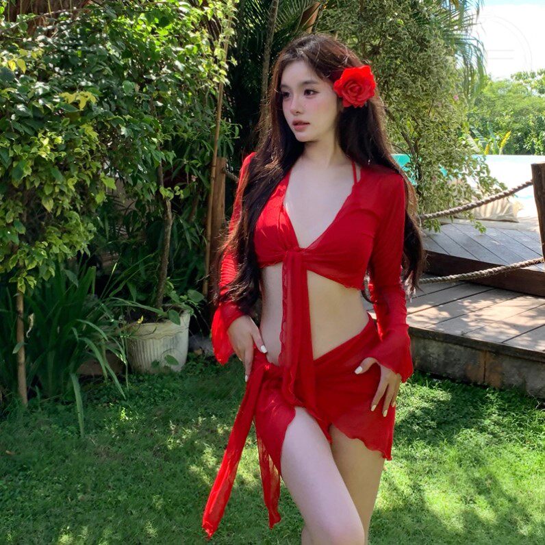 AYSTUDIO泳衣女比基尼四件套红色性感纯欲显白辣妹泡温泉度假长袖