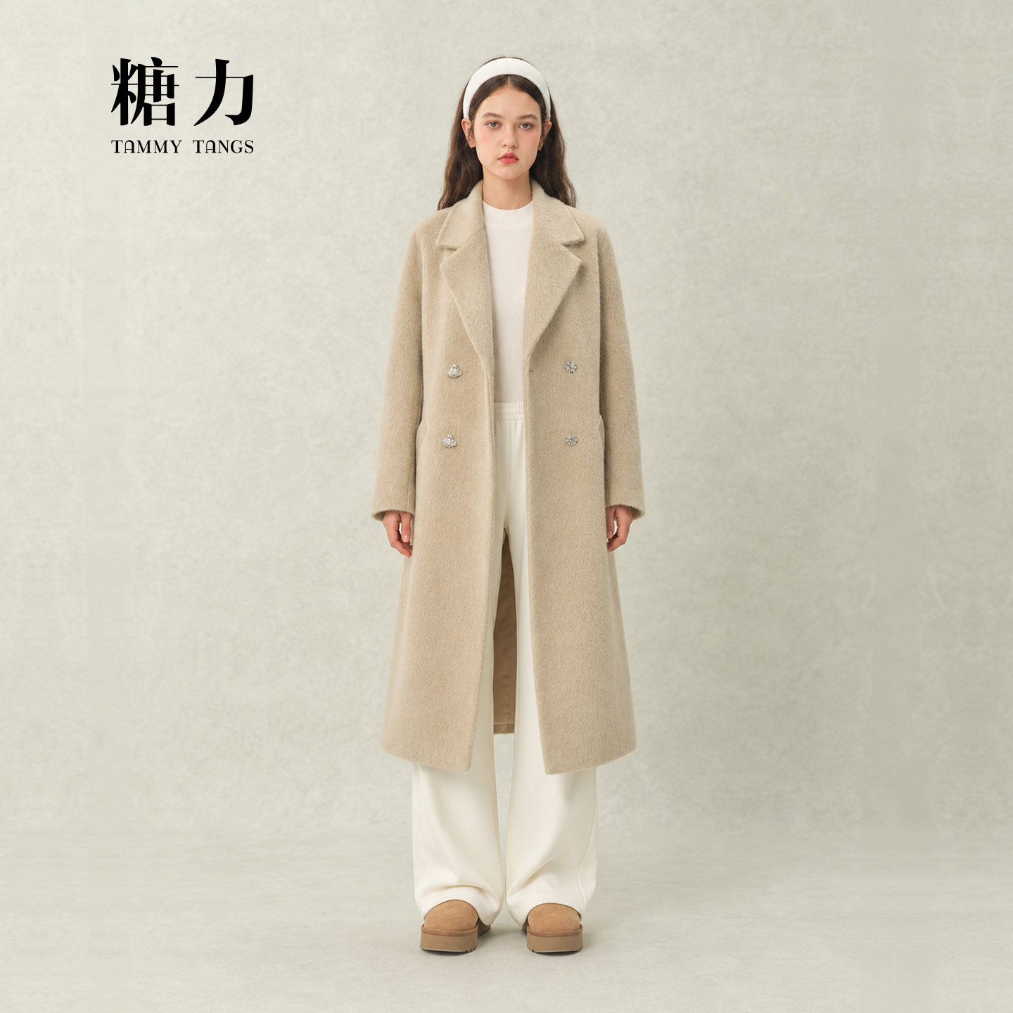糖力 精致都市 卡其色羊毛兔绒混纺毛呢大衣外套女中长款