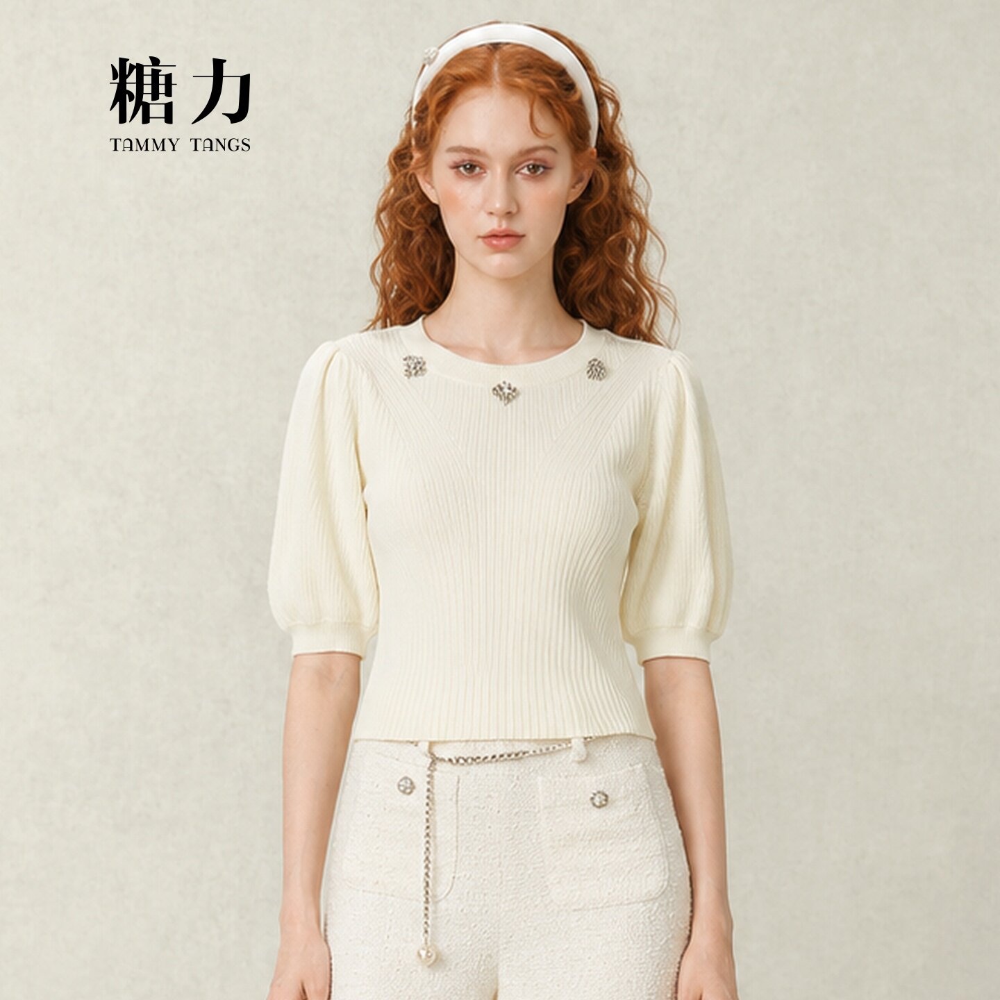 糖力俏皮千金套头曲珠纱针织衫女图片
