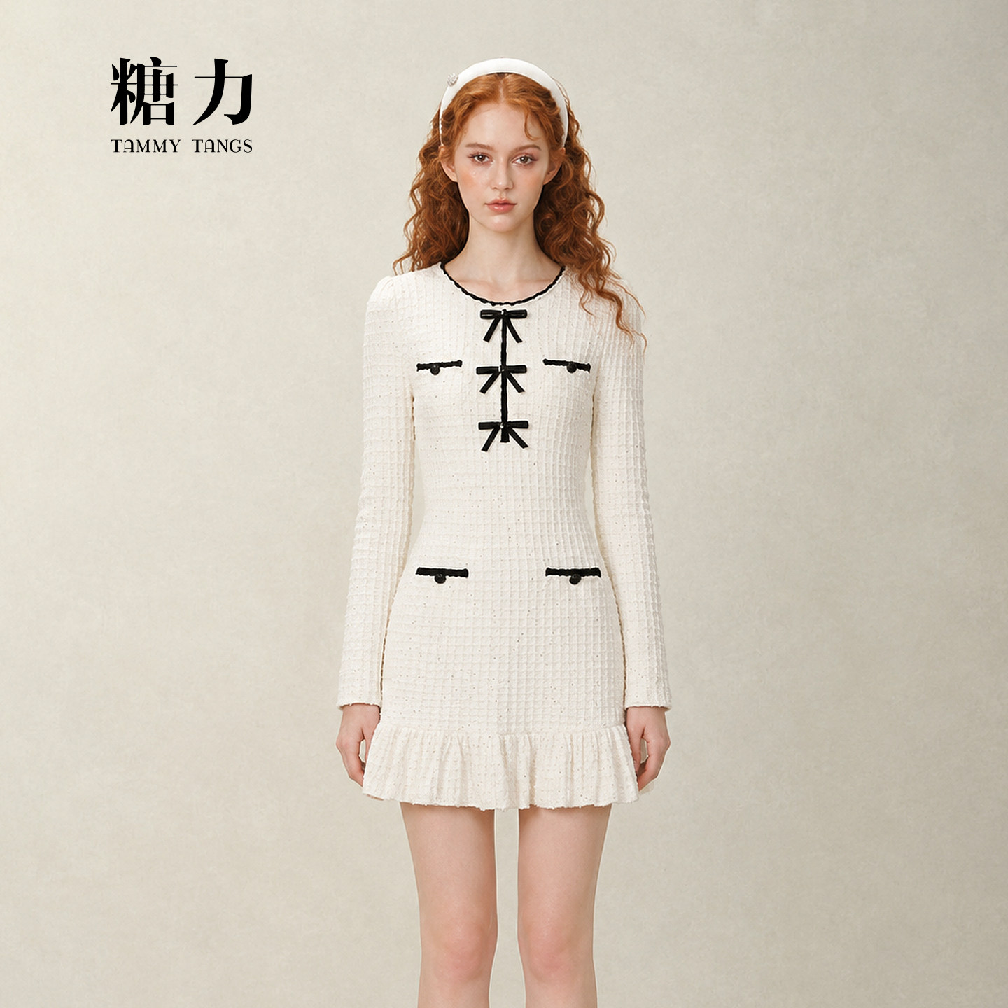 糖力 长袖甜美蝴蝶结亮片针织连衣裙女 秋冬季显瘦毛织裙