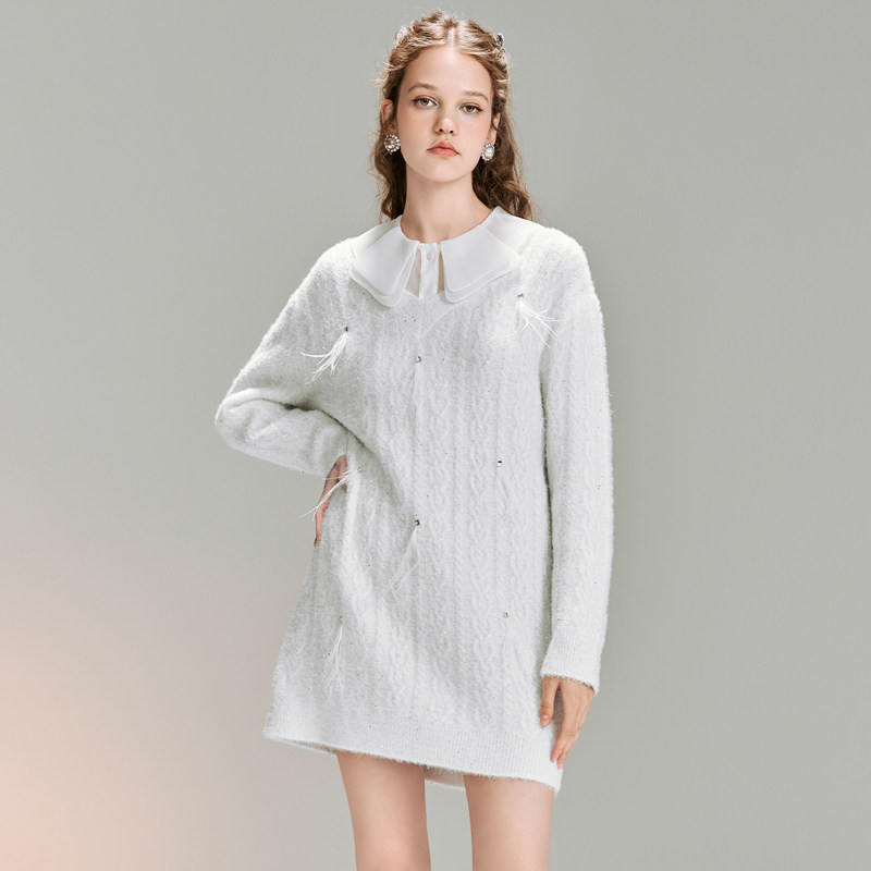 【商场同款】糖力 秋冬季毛织裙宽松H型亮片钻饰羽毛针织连衣裙女,女装/女士精品,连衣裙,淘宝优惠券,粉丝福利购,淘宝优惠卷