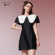 商场同款 糖力 夏季 复古优雅短袖 显瘦撞色大翻领缎面连衣裙女