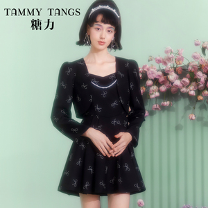 【商场同款】糖力时尚套装女蝴蝶结刺绣短外套吊带连衣裙两件套装