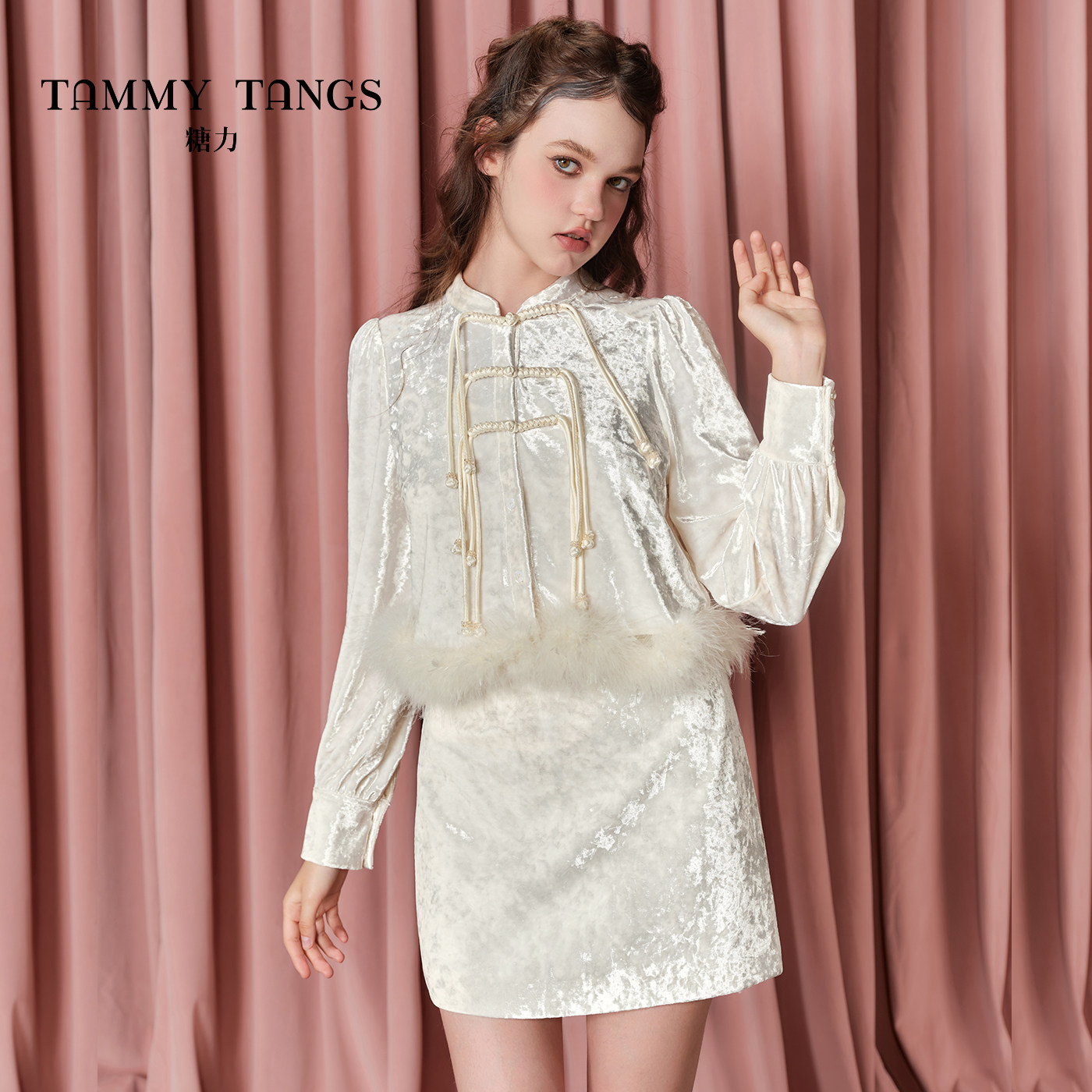 商场同款糖力 新中式国风 可拆卸羽毛钻石绒上衣半身裙两件套装女,女装/女士精品,时尚套装,淘宝优惠券,粉丝福利购,淘宝优惠卷