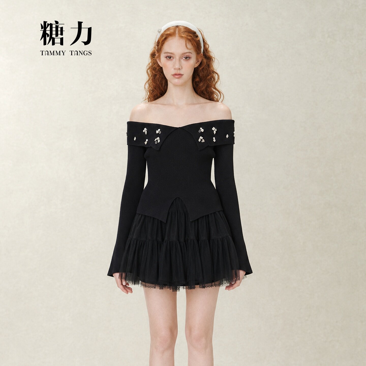 糖力精致钉钻一字肩套头针织衫女图片