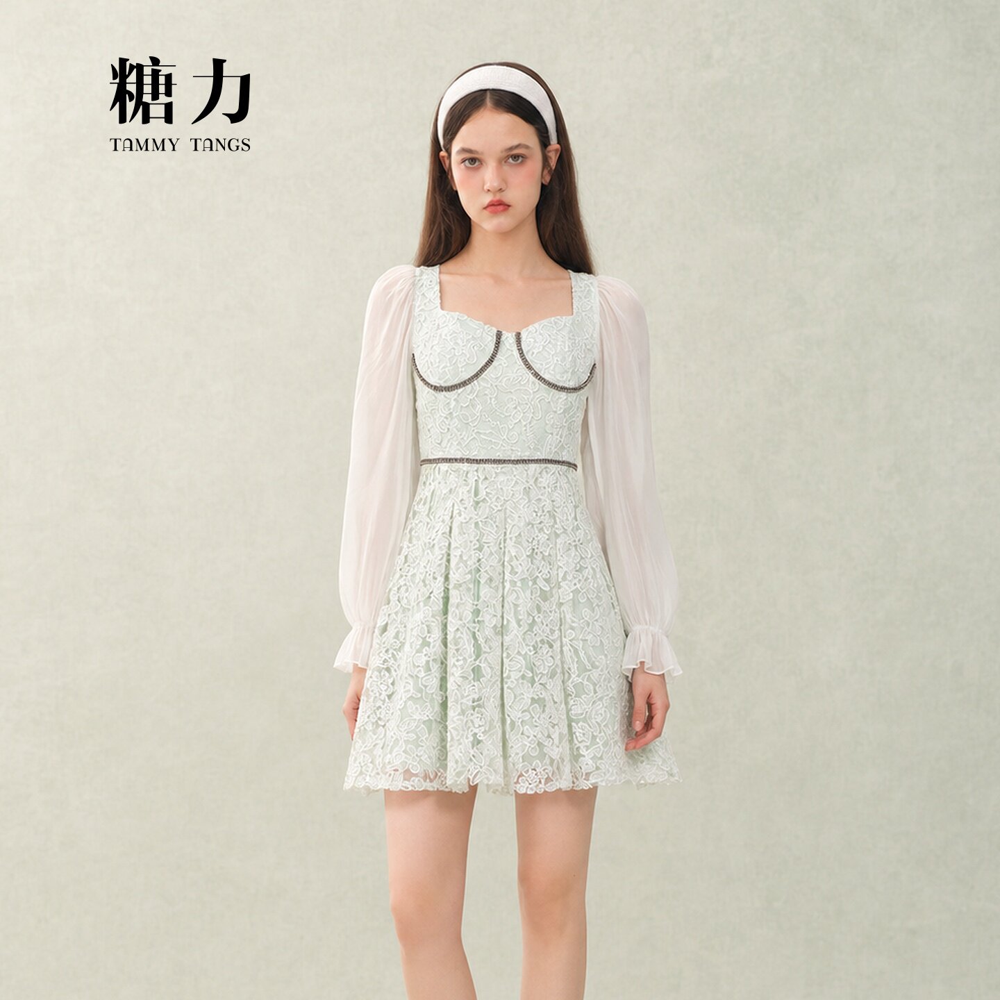 糖力 绿野仙踪 春秋季网纱长袖收腰精致钻饰蕾丝连衣裙女