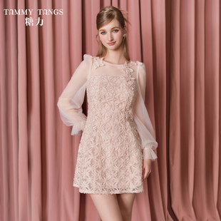 【商场同款】糖力 淡粉繁花仙女裙 立体花朵编织网纱长袖连衣裙女