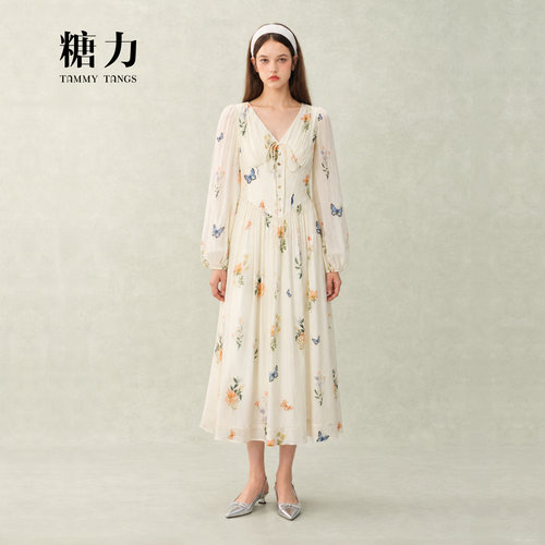 糖力长袖印花收腰连衣裙长裙女
