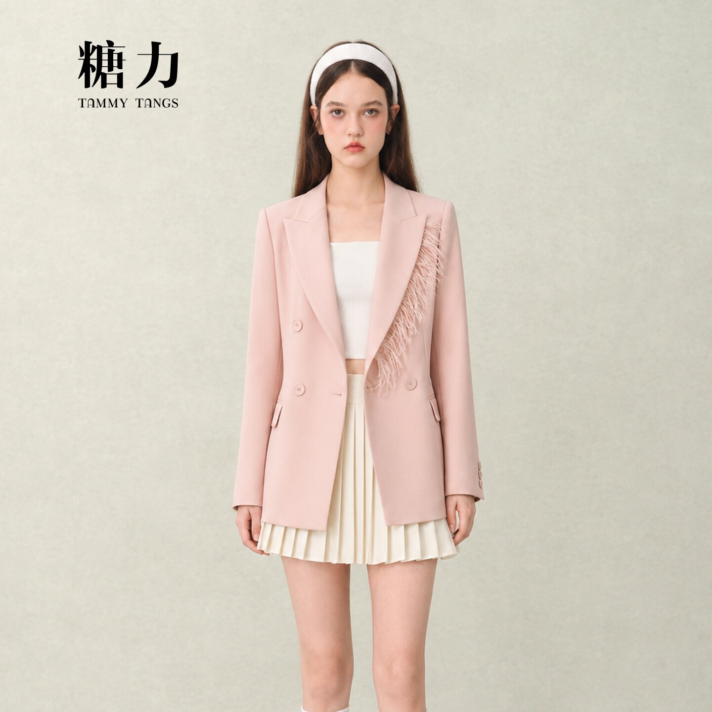 糖力高级感可拆鸵鸟毛西装外套女图片